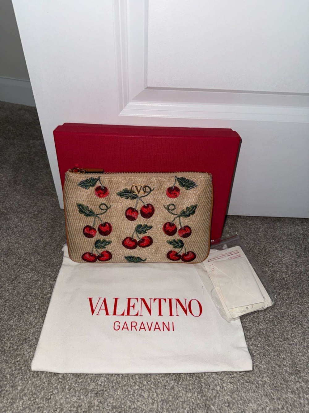 Valentino Garavani Beige Raffia Pouch with Red Cherry Embroidery